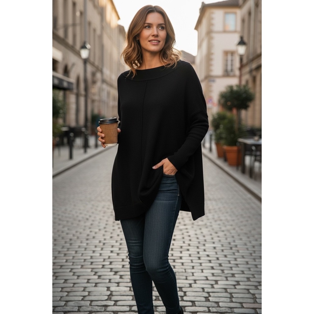 Adrianna Papell Black Oversized Boatneck Dolman Sleeve Sweater Knit Top XS NWT
